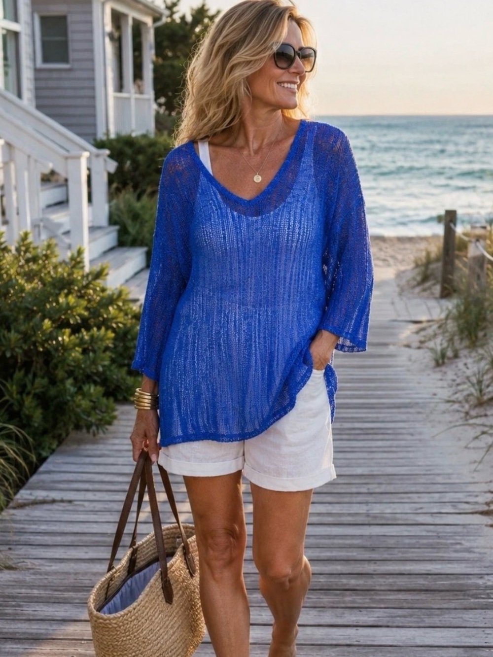 Jordan Taylor Women's Sheer Mesh Beach Sweater Tunic - Blue M